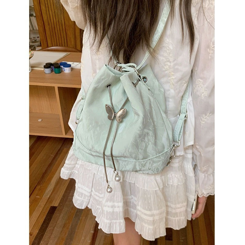 Mini Backpack Women - Dames Mintgroene Vlinder Trekkoord Rugzak Dame