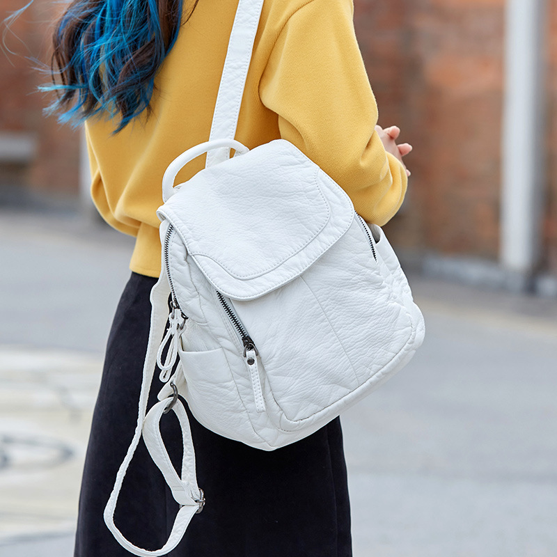 Mini Backpack Women - Damesrugzak Witgewassen Leren Rugzak Dames Kleine